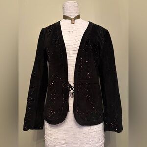 Saguaro Black Suede Laser Cut Eyelet Jacket with Pink Lining whimsy goth dark